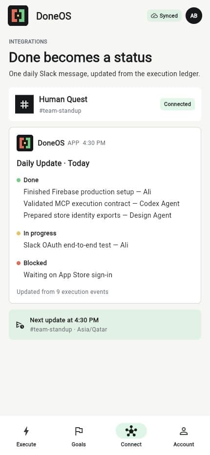 DoneOS daily Slack status generated from execution events